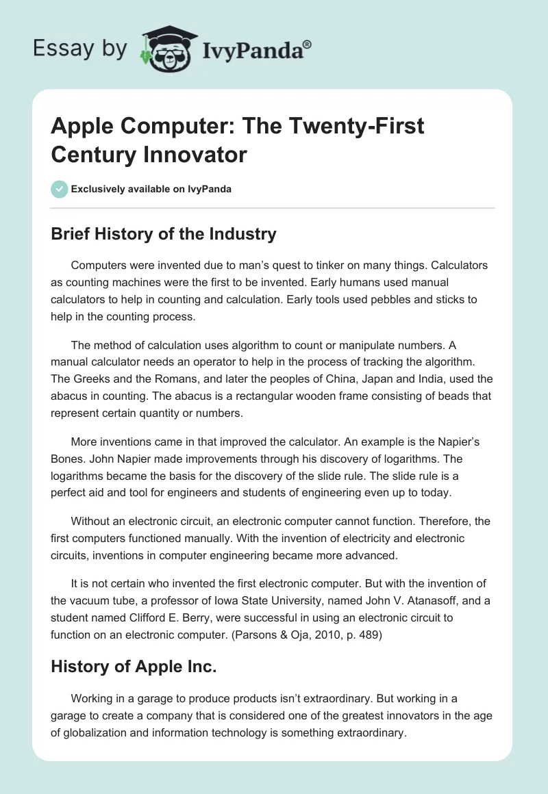 Apple Computer: The Twenty-First Century Innovator. Page 1