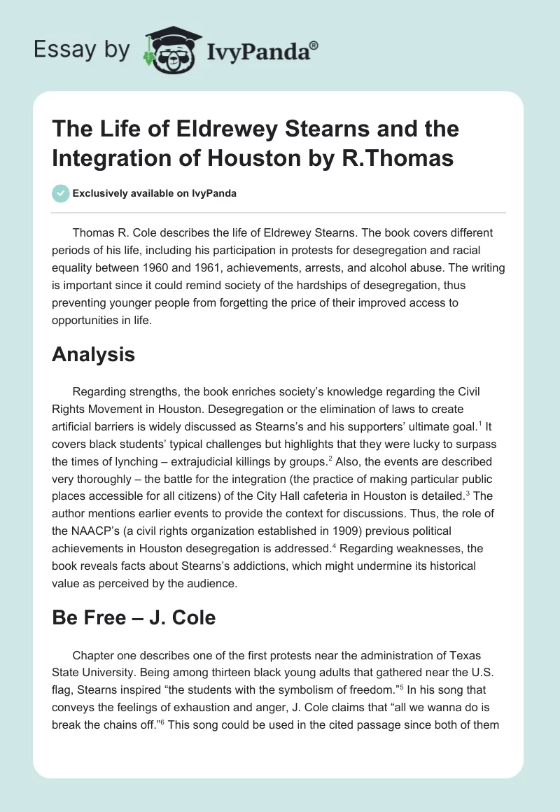 "The Life of Eldrewey Stearns and the Integration of Houston" by R.Thomas. Page 1
