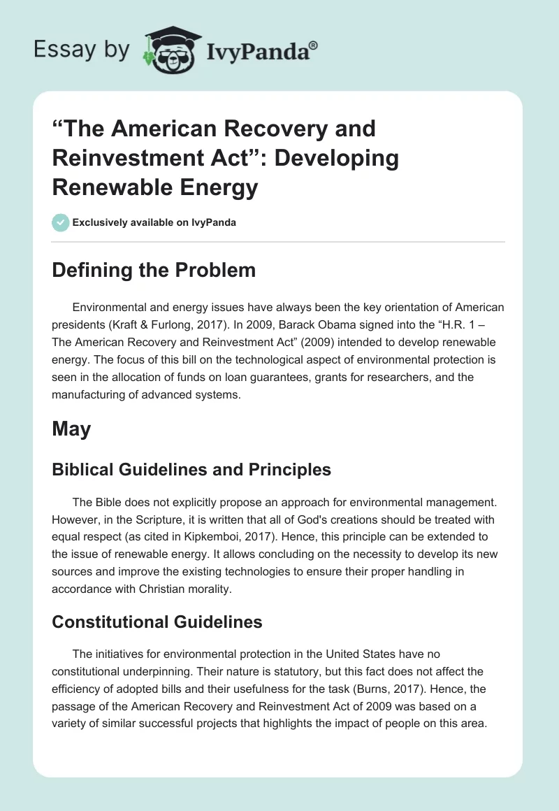 “The American Recovery and Reinvestment Act”: Developing Renewable Energy. Page 1