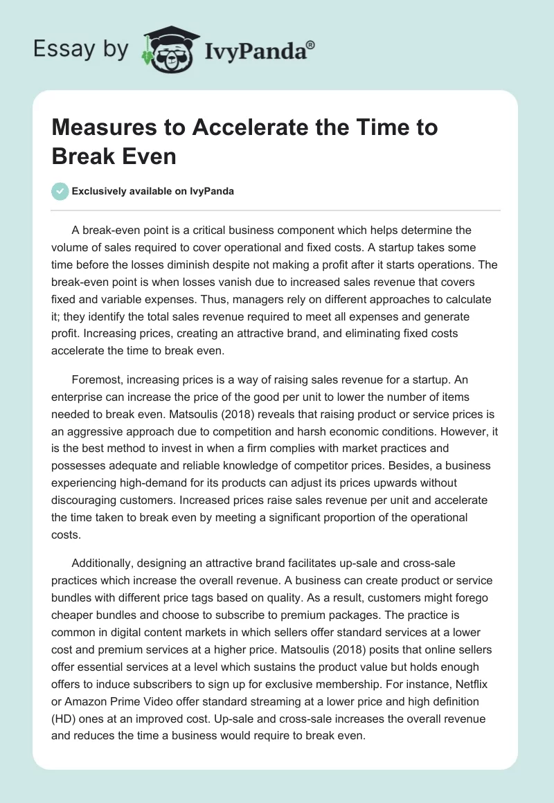 Measures to Accelerate the Time to Break Even. Page 1