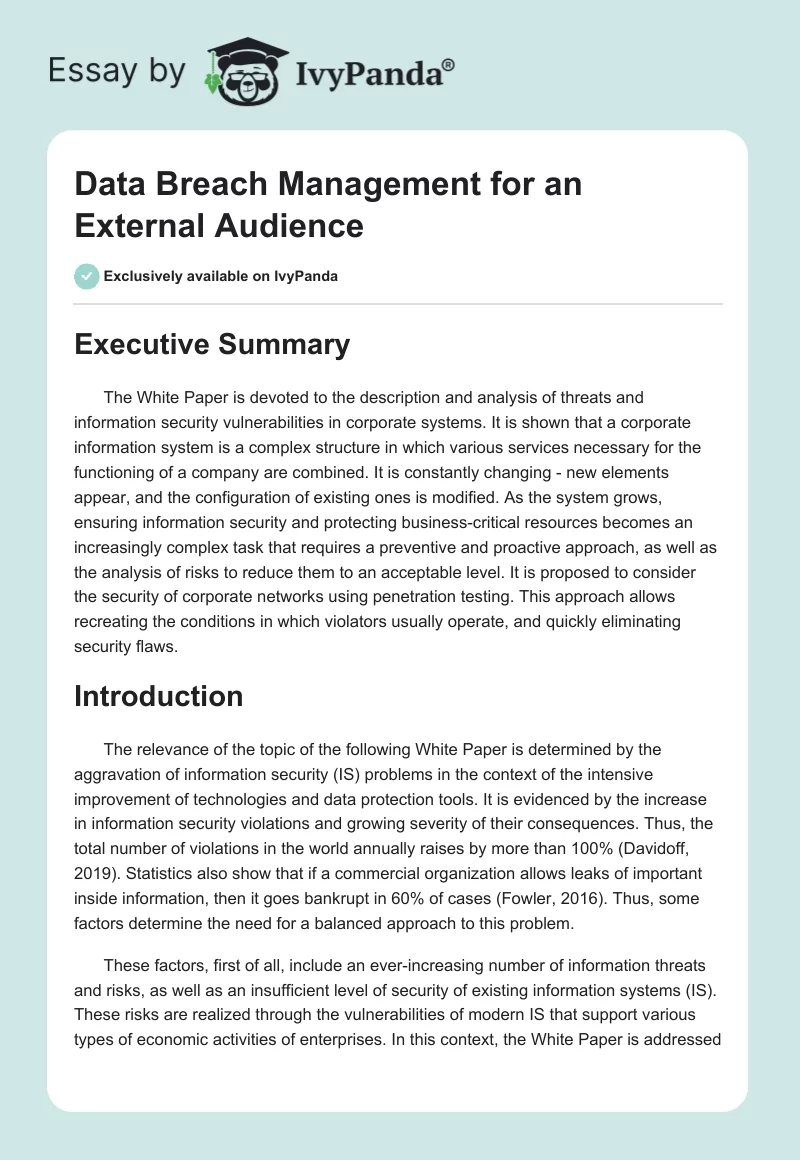 Data Breach Management for an External Audience. Page 1