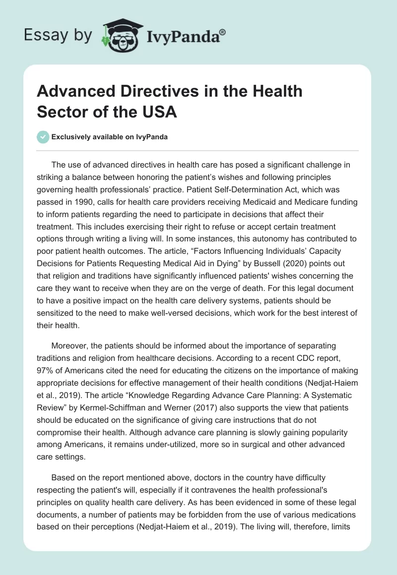 Advanced Directives in the Health Sector of the USA. Page 1