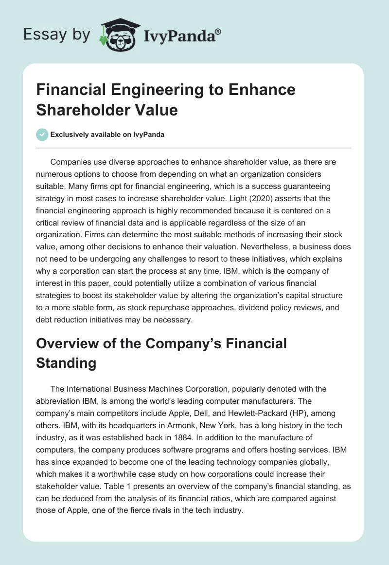 Financial Engineering to Enhance Shareholder Value. Page 1