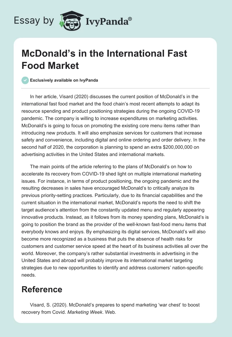 McDonald’s in the International Fast Food Market. Page 1