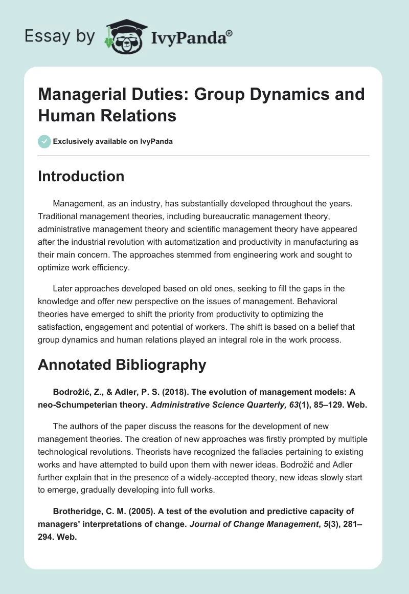 Managerial Duties: Group Dynamics and Human Relations. Page 1