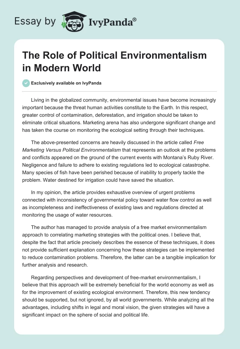 The Role of Political Environmentalism in the Modern World. Page 1