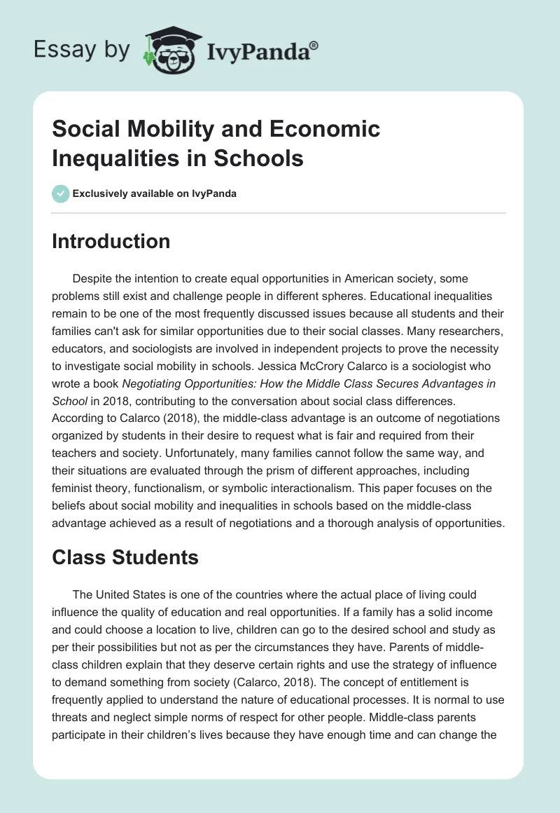 Social Mobility and Economic Inequalities in Schools. Page 1