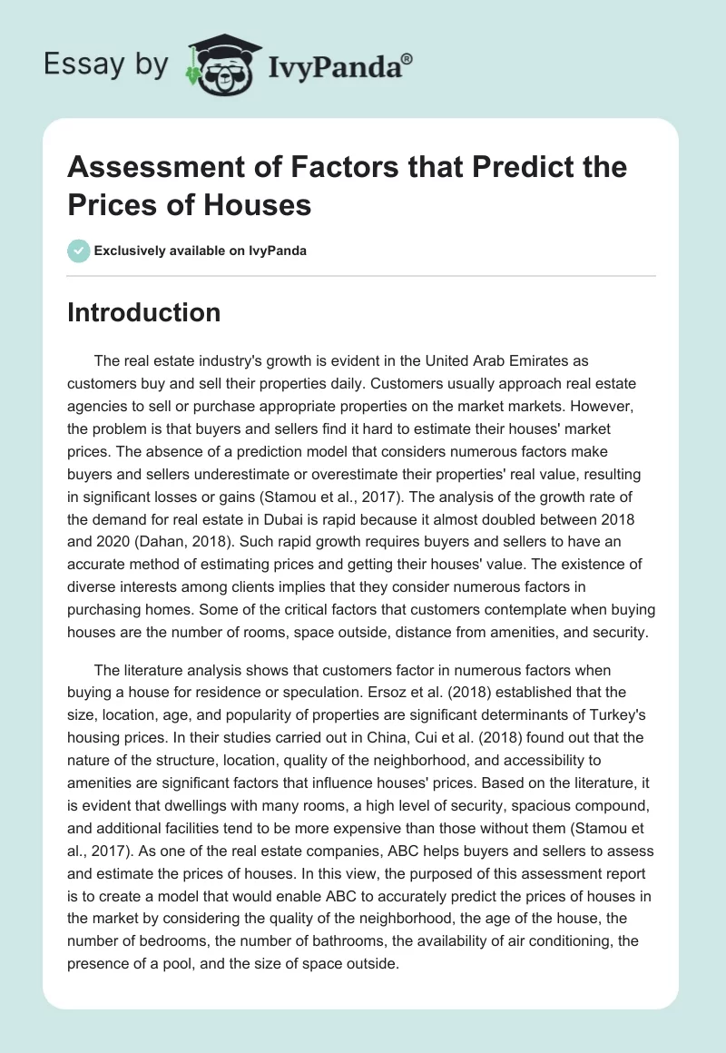 Assessment of Factors that Predict the Prices of Houses. Page 1