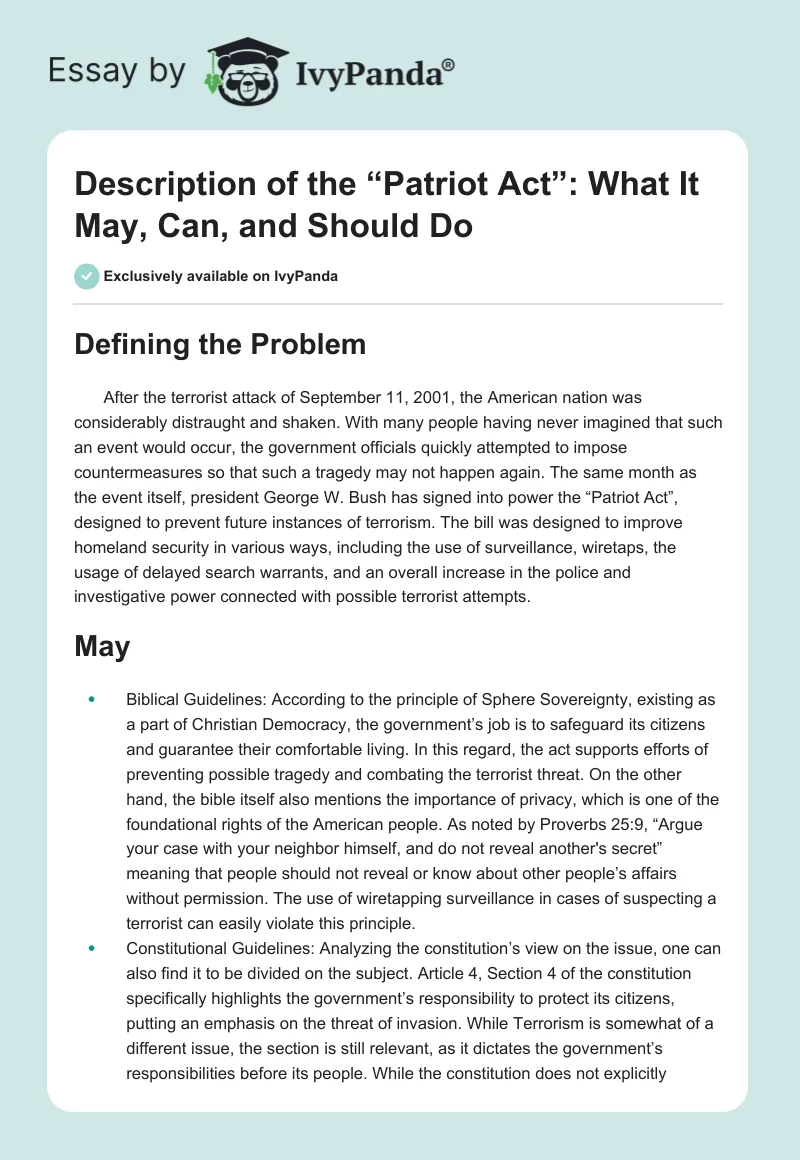 Description of the “Patriot Act”: What It May, Can, and Should Do. Page 1
