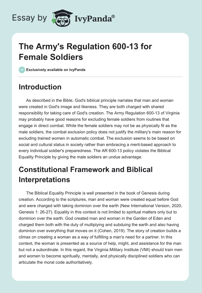 The Army's Regulation 600-13 for Female Soldiers. Page 1