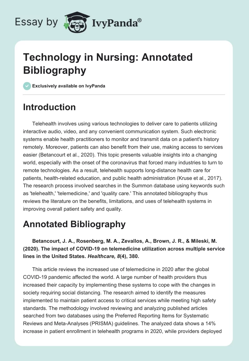 Technology in Nursing: Annotated Bibliography. Page 1