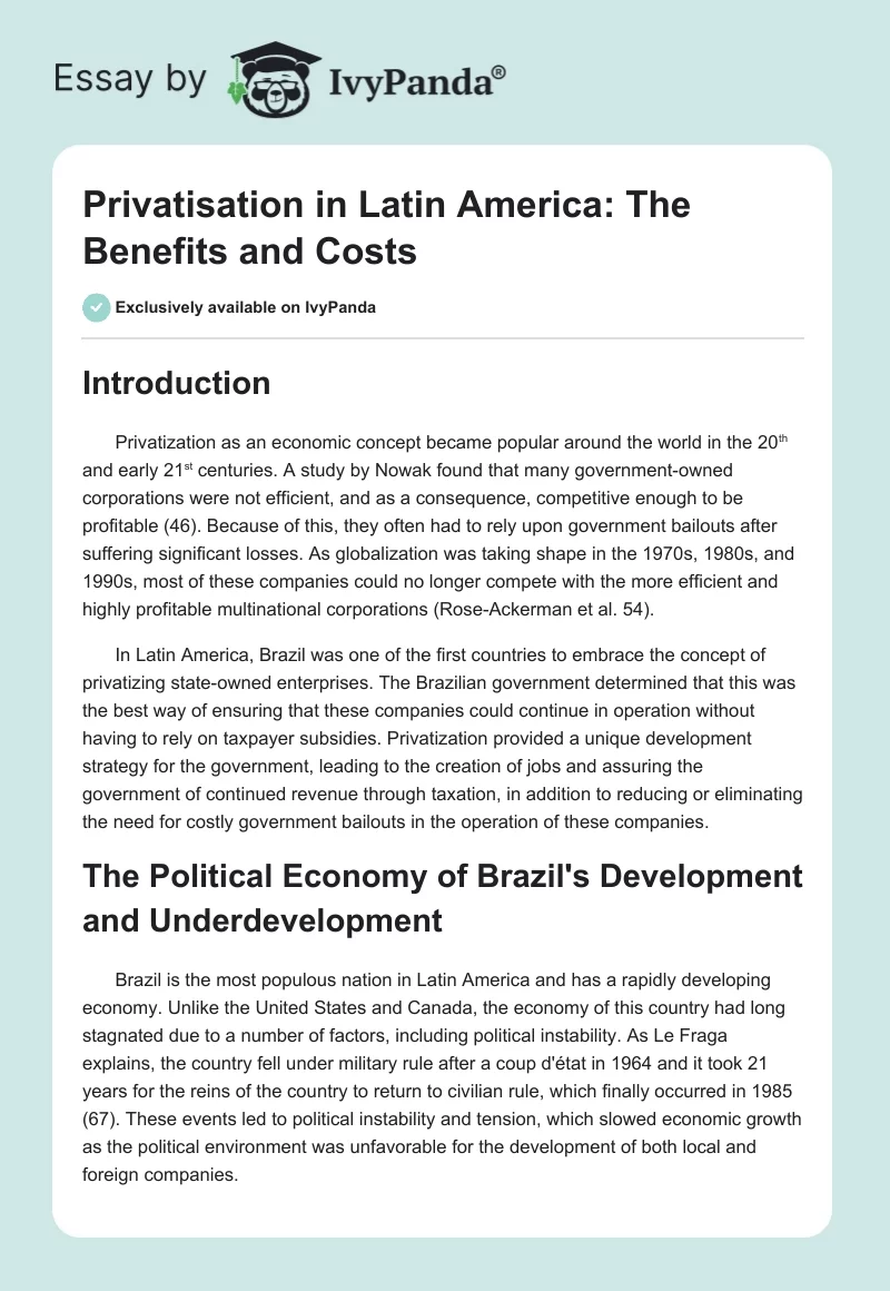 Privatisation in Latin America: The Benefits and Costs. Page 1