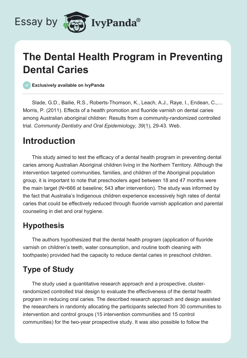 The Dental Health Program in Preventing Dental Caries. Page 1