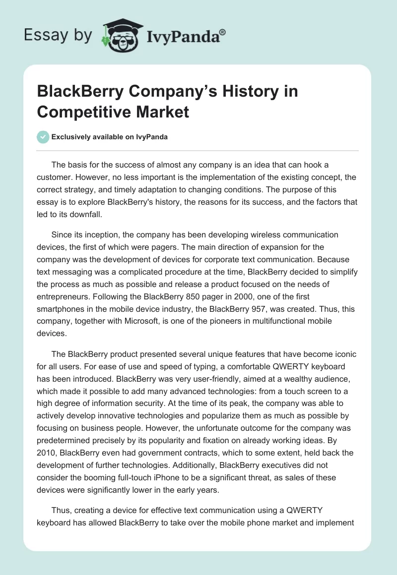 BlackBerry Company’s History in Competitive Market. Page 1