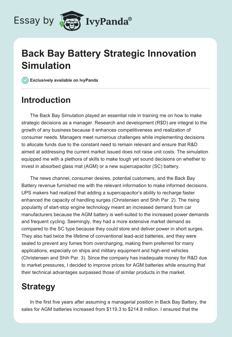 Executie Een goede vriend opschorten Back Bay Battery Strategic Innovation Simulation - 936 Words | Essay Example