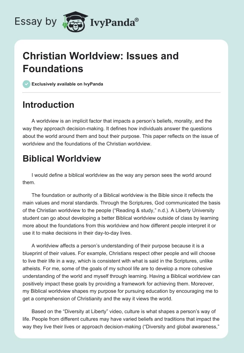 Christian Worldview: Issues and Foundations. Page 1