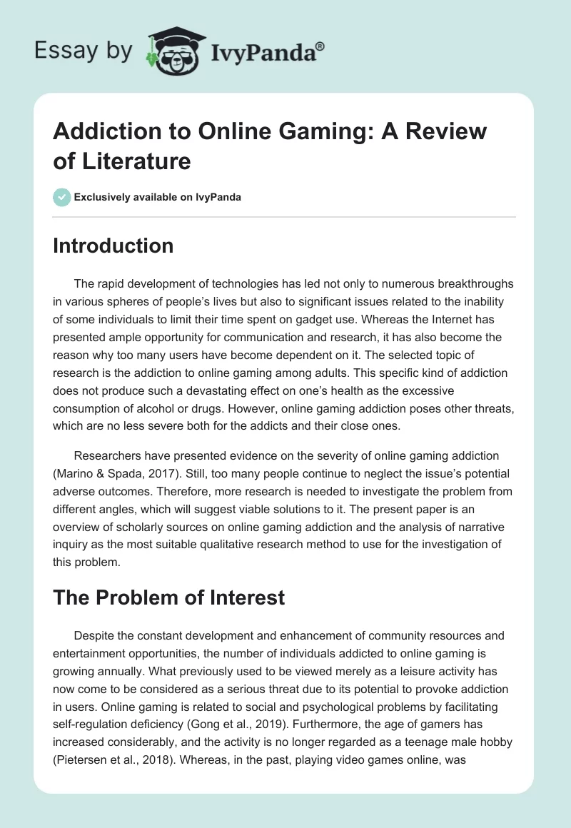 Addiction to Online Gaming: A Review of Literature. Page 1