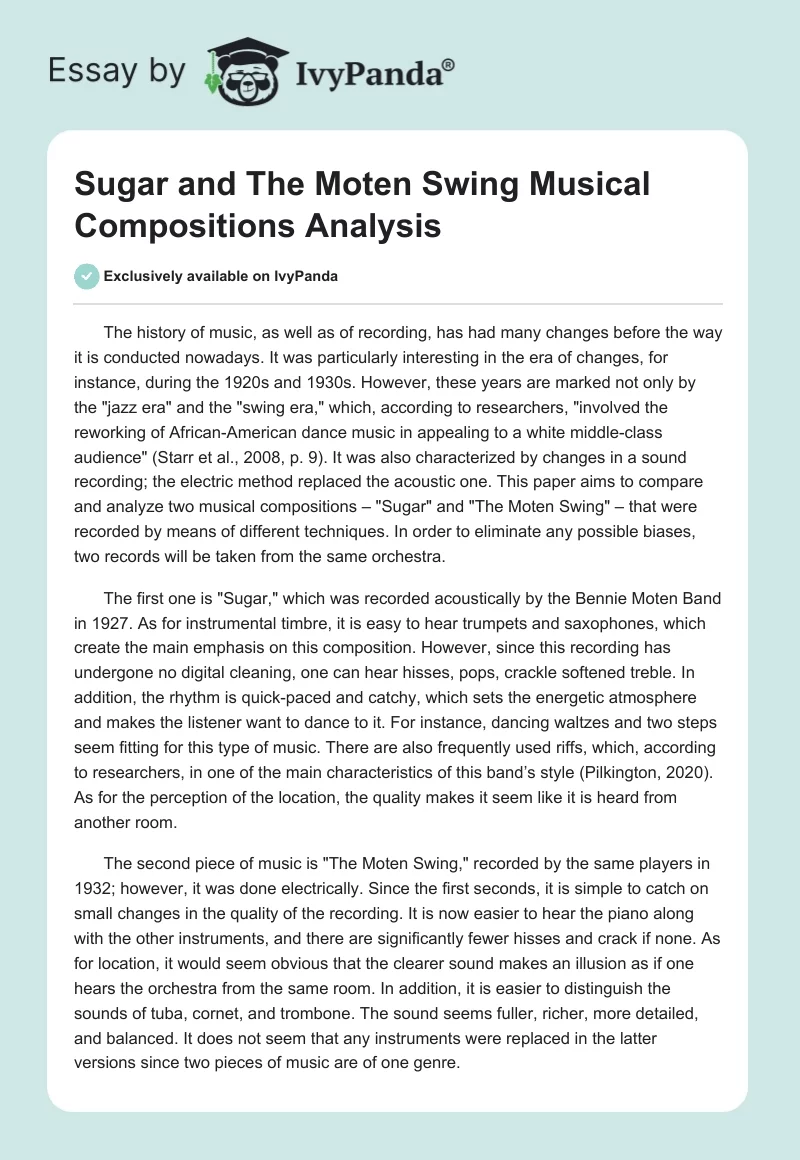 "Sugar" and "The Moten Swing" Musical Compositions Analysis. Page 1
