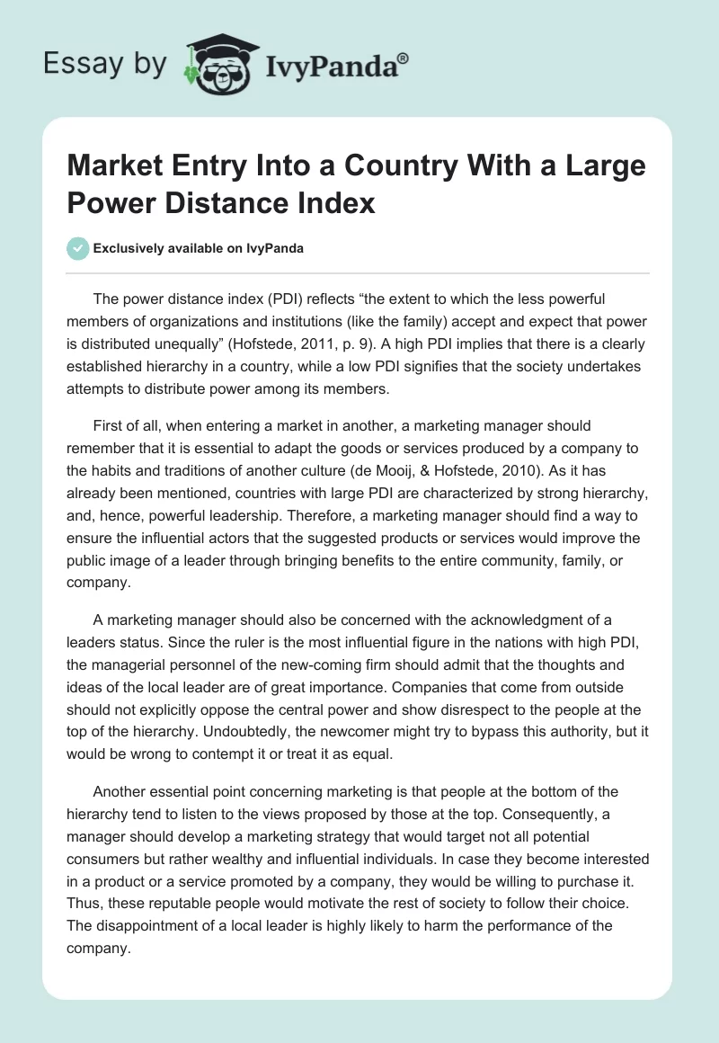 Market Entry Into a Country With a Large Power Distance Index. Page 1