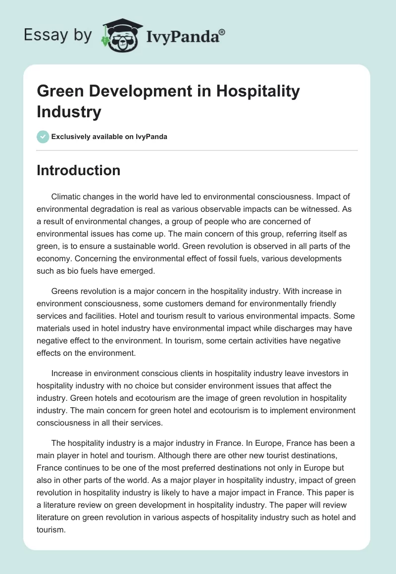Green Development in Hospitality Industry. Page 1
