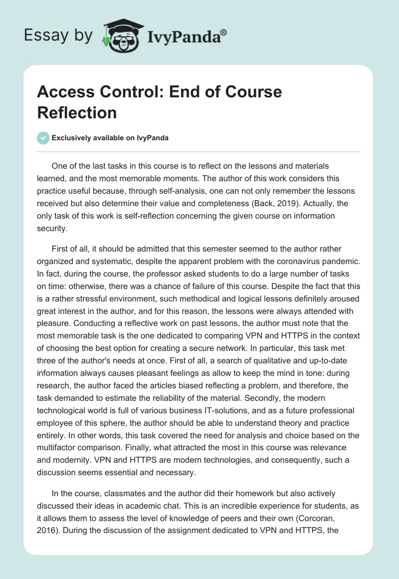 Access Control: End of Course Reflection. Page 1