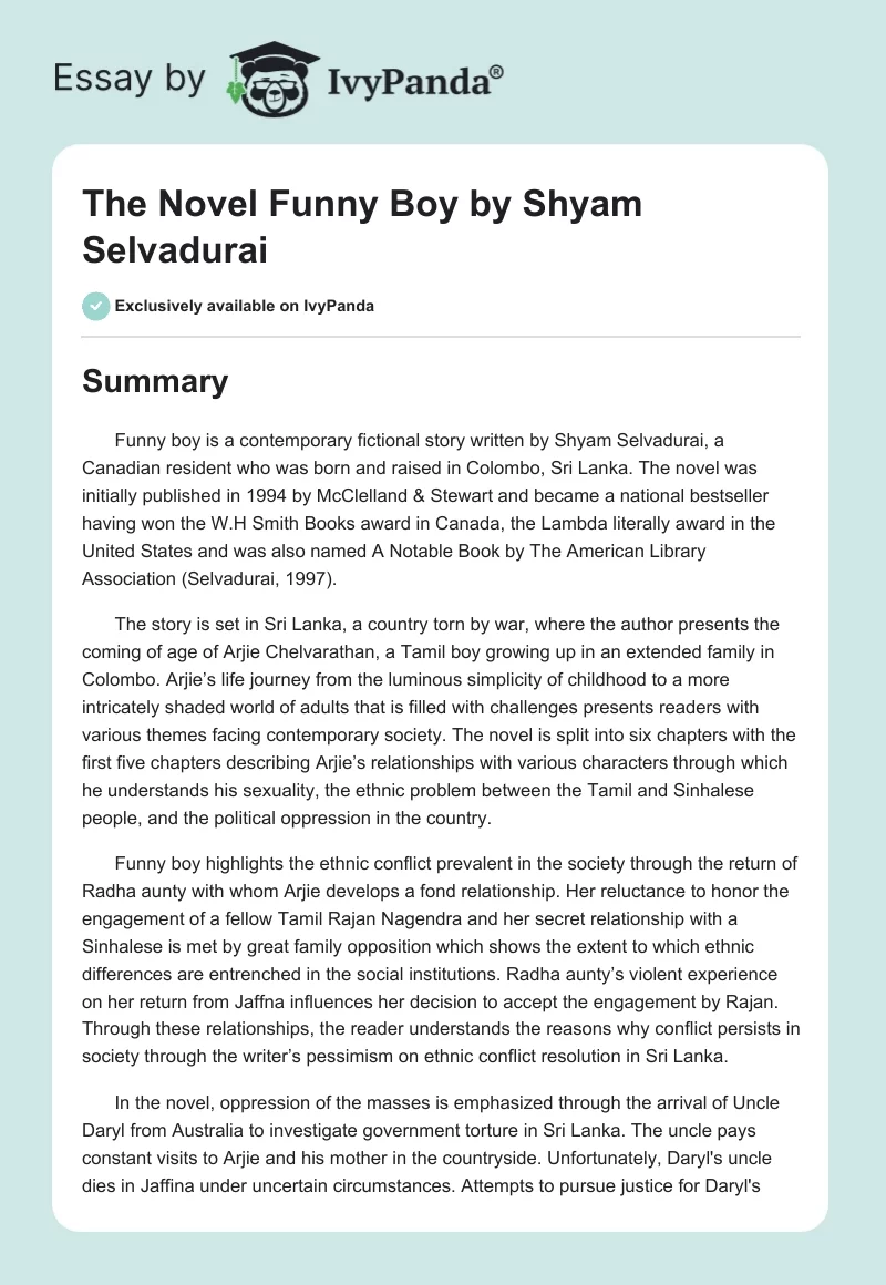 The Novel "Funny Boy" by Shyam Selvadurai. Page 1