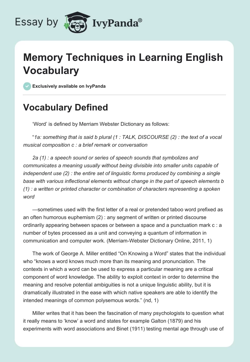Memory Techniques in Learning English Vocabulary. Page 1