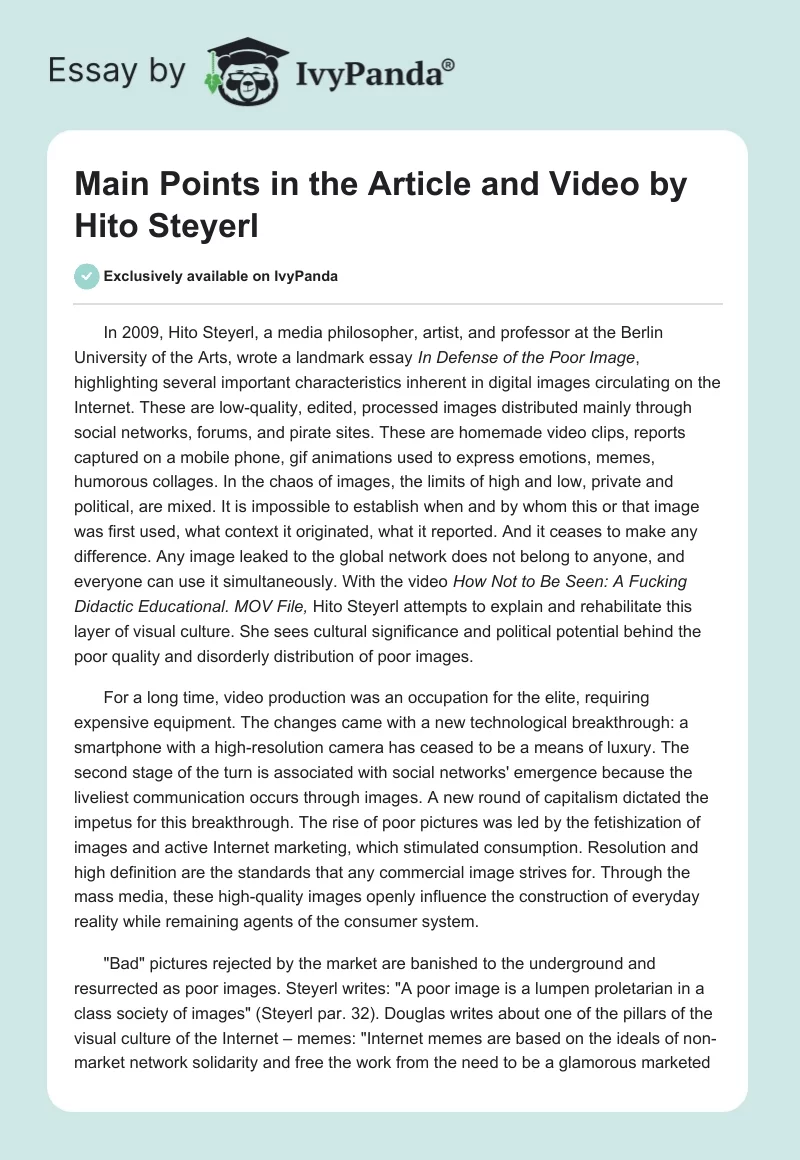 Main Points in the Article and Video by Hito Steyerl. Page 1