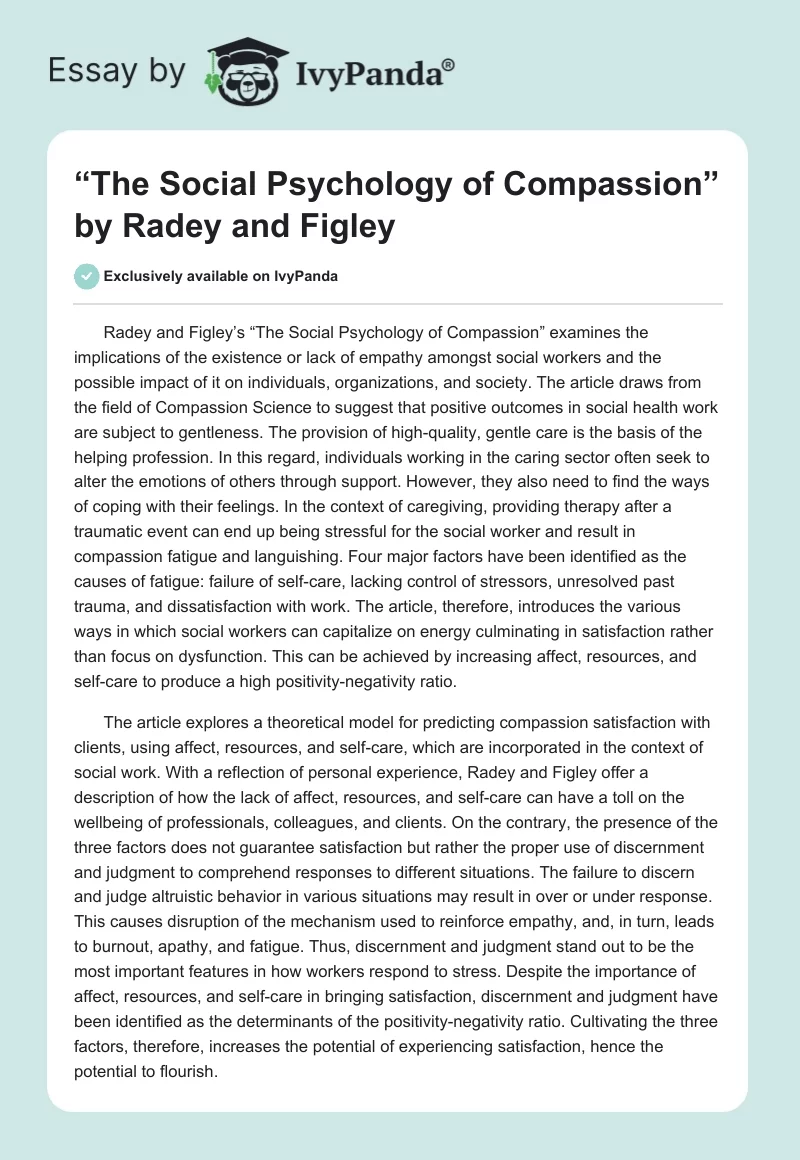 “The Social Psychology of Compassion” by Radey and Figley. Page 1
