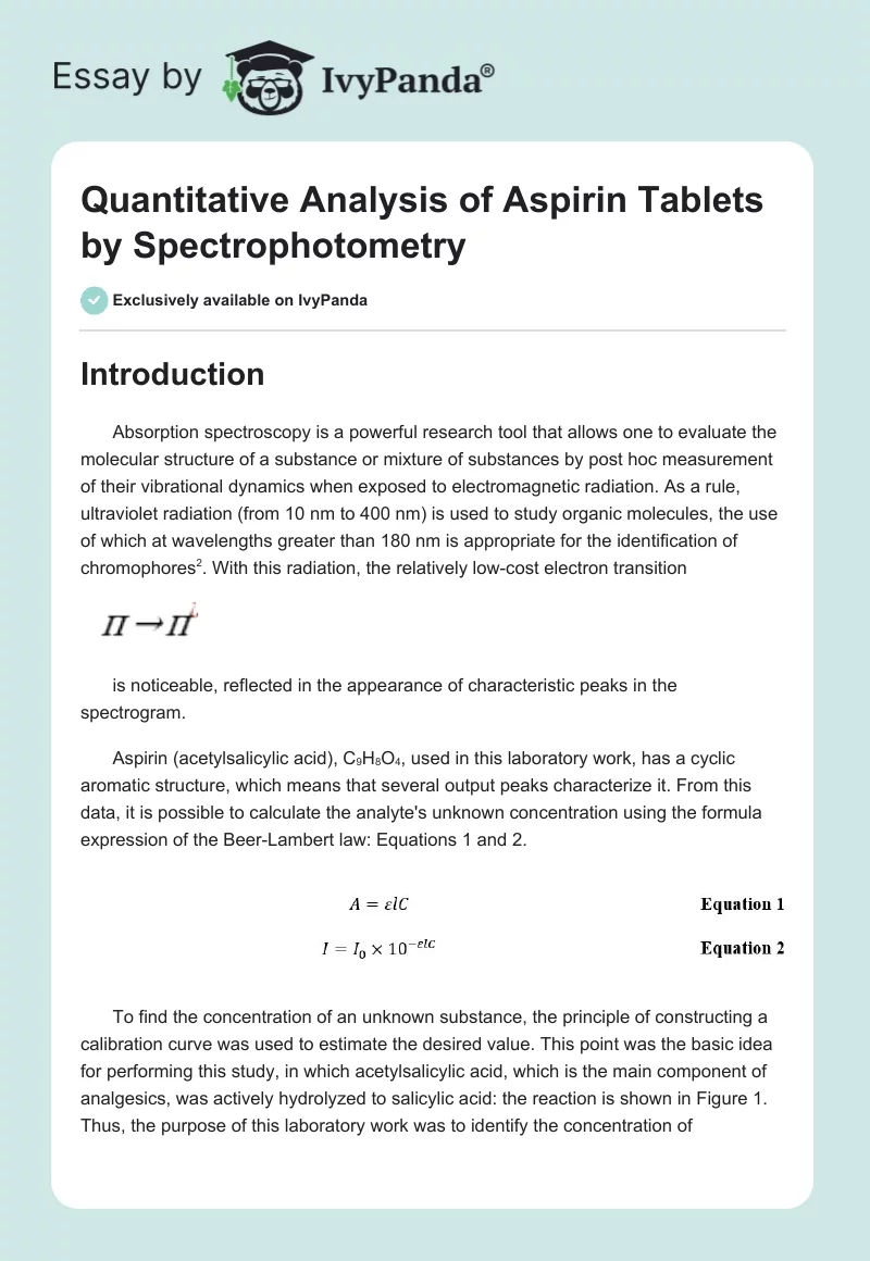 Quantitative Analysis of Aspirin Tablets by Spectrophotometry. Page 1