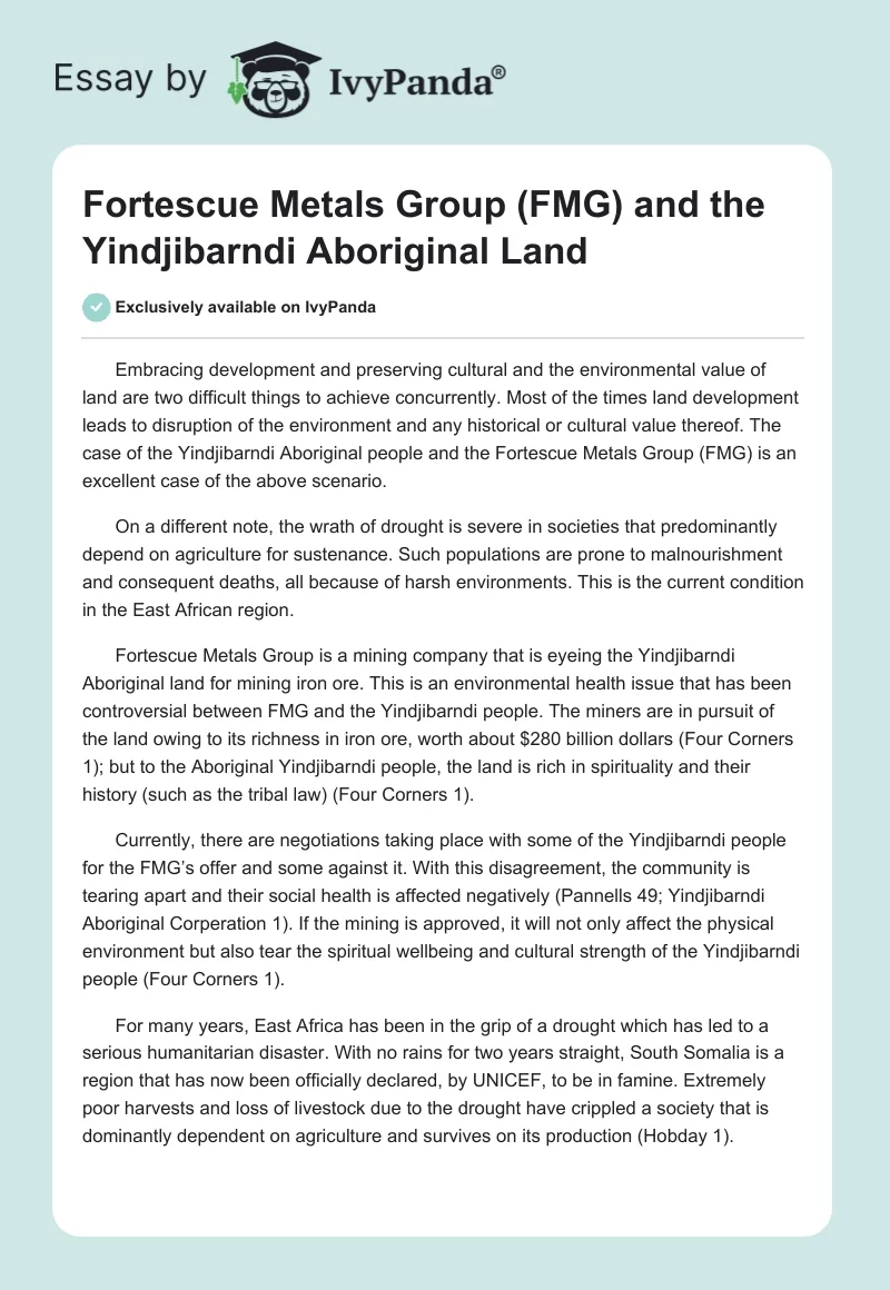 Fortescue Metals Group (FMG) and the Yindjibarndi Aboriginal Land. Page 1