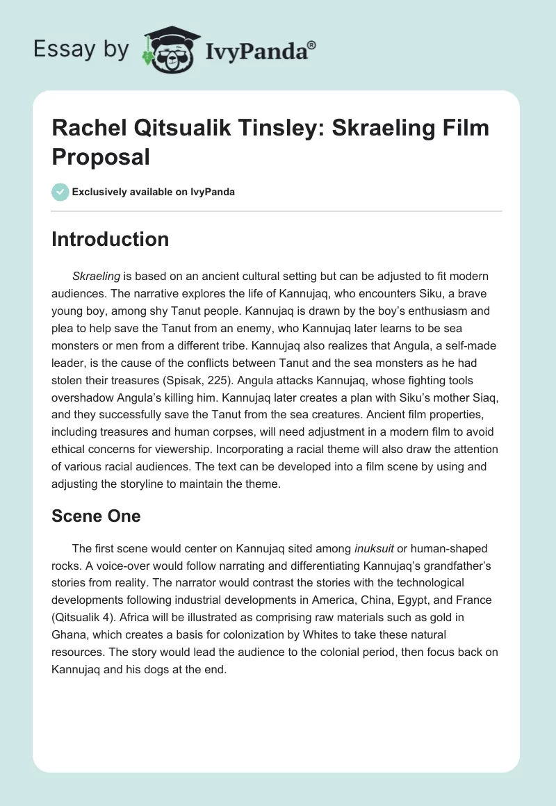Rachel Qitsualik Tinsley: "Skraeling" Film Proposal. Page 1