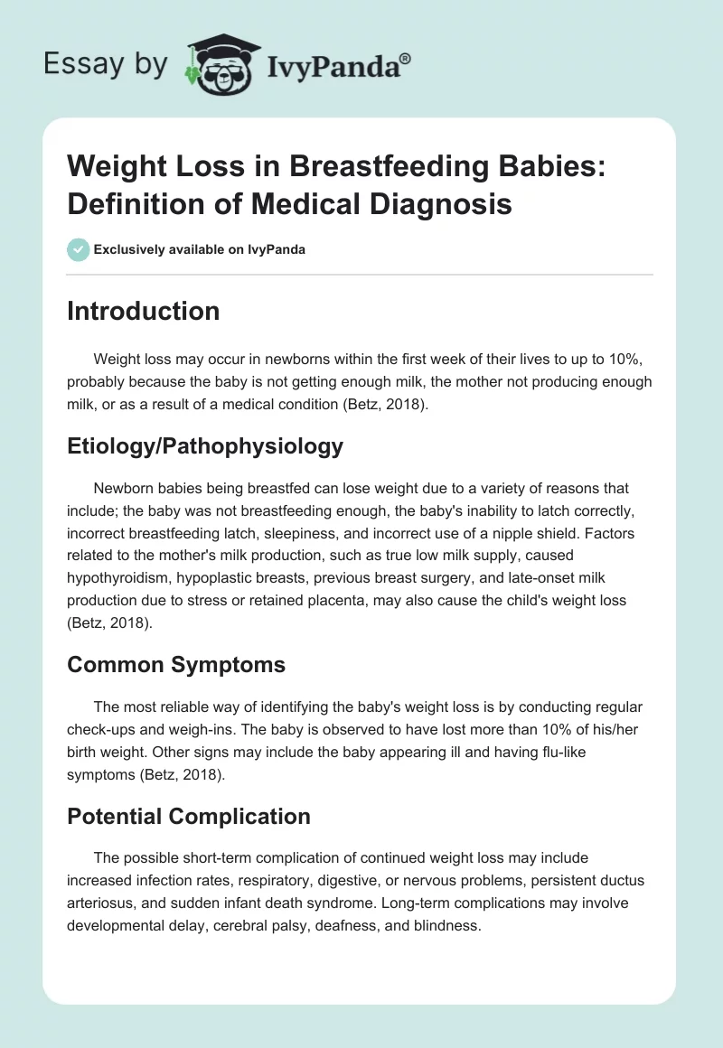 Weight Loss in Breastfeeding Babies: Definition of Medical Diagnosis. Page 1