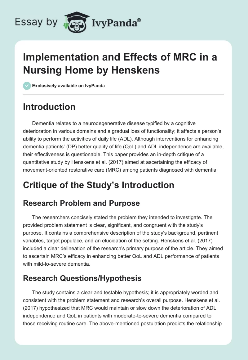 "Implementation and Effects of MRC in a Nursing Home" by Henskens. Page 1