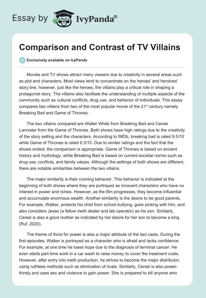 Comparison and Contrast of TV Villains. Page 1