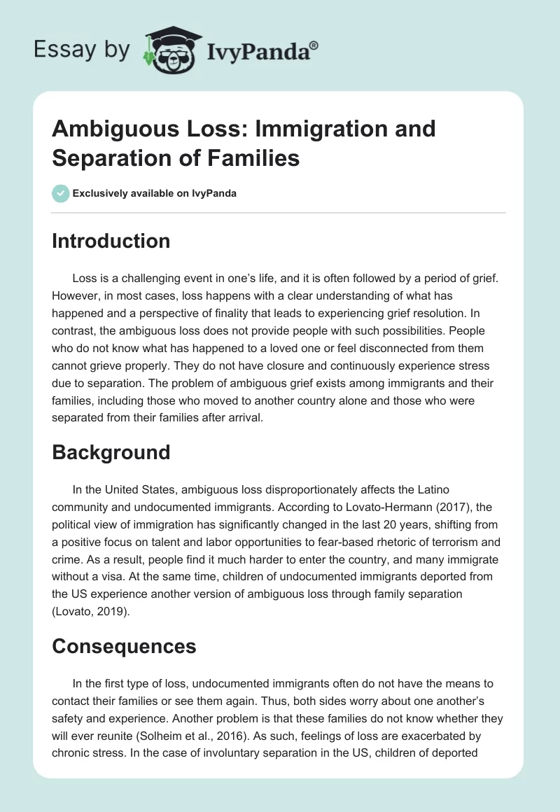 Ambiguous Loss: Immigration and Separation of Families. Page 1