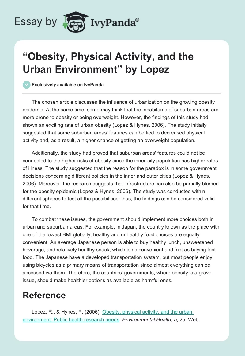 “Obesity, Physical Activity, and the Urban Environment” by Lopez. Page 1