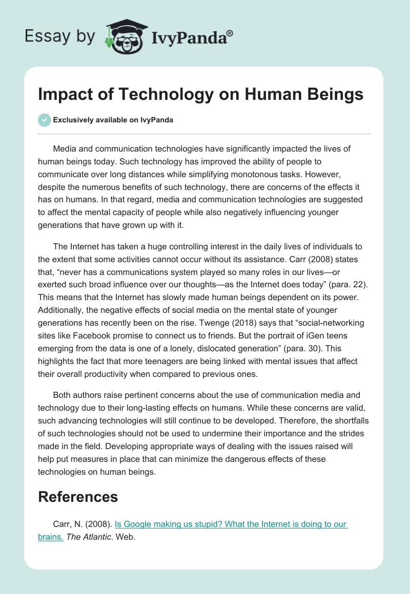 Impact of Technology on Human Beings. Page 1