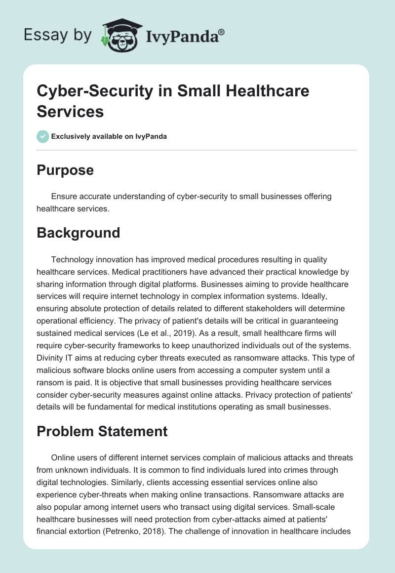 Cyber-Security in Small Healthcare Services. Page 1