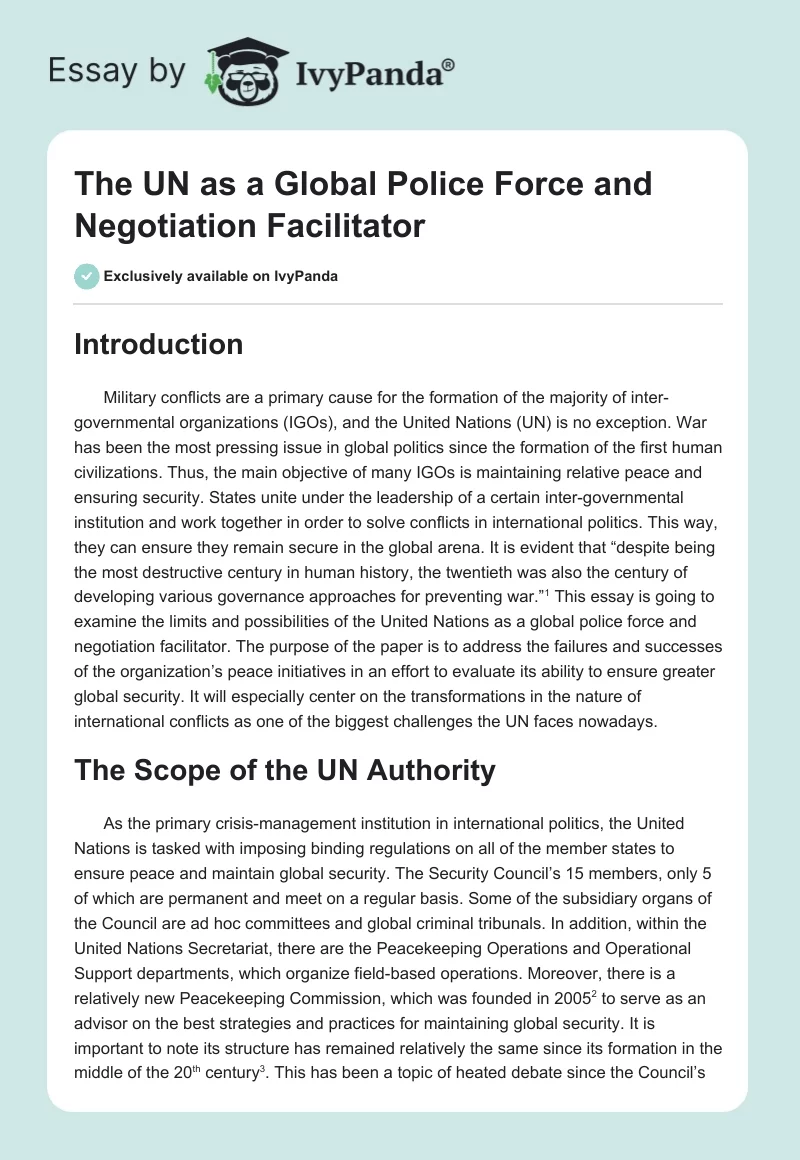 The UN as a Global Police Force and Negotiation Facilitator. Page 1