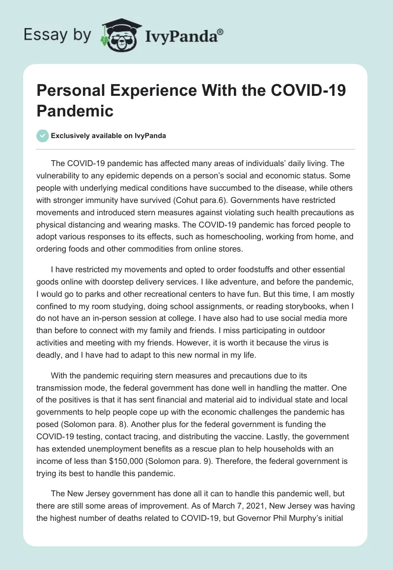 Personal Experience With the COVID-19 Pandemic. Page 1