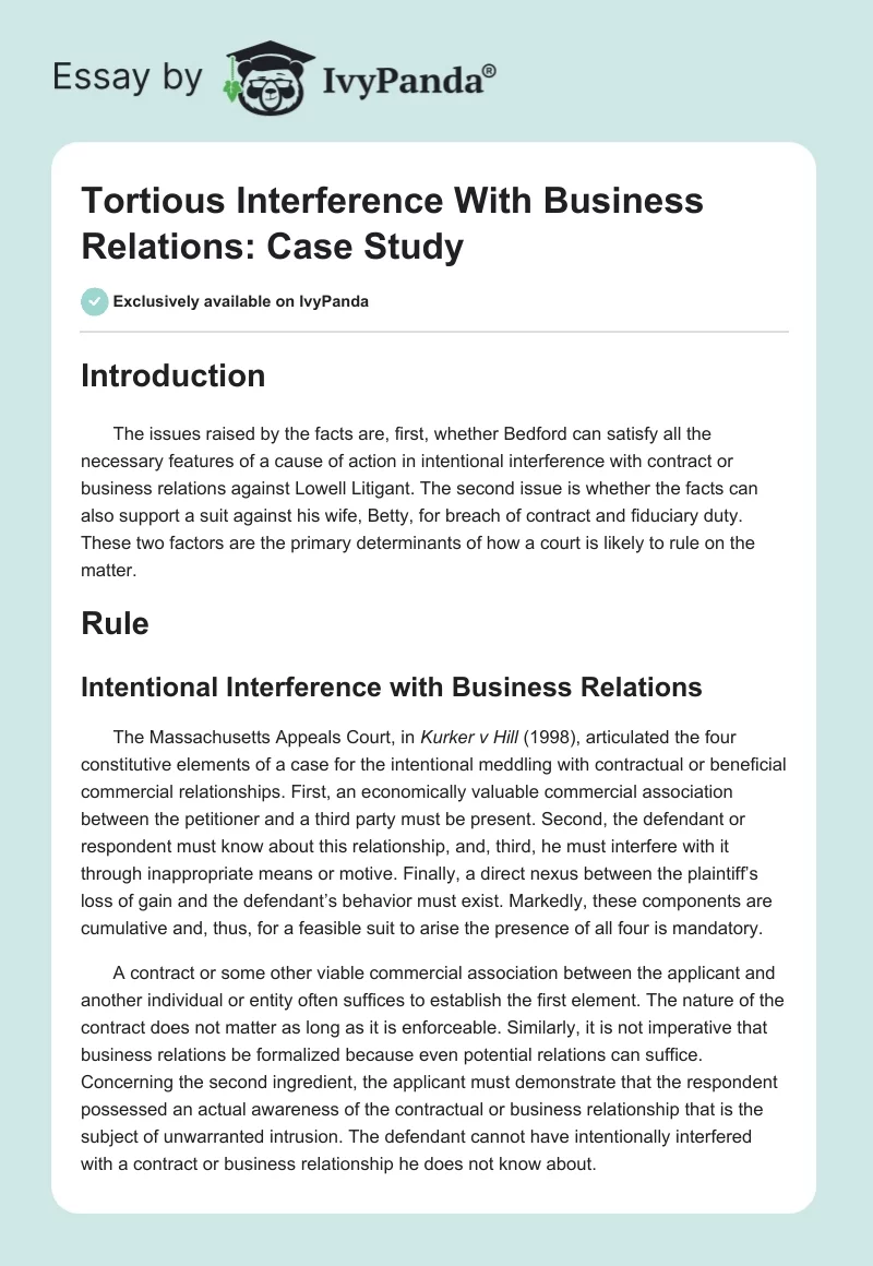 Tortious Interference With Business Relations: Case Study. Page 1