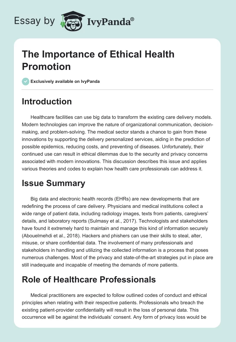 The Importance of Ethical Health Promotion. Page 1