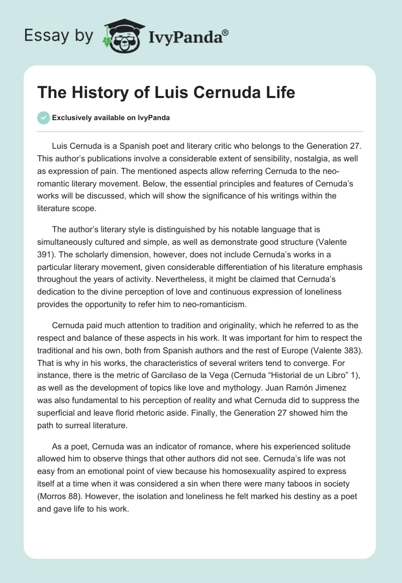 The History of Luis Cernuda Life. Page 1