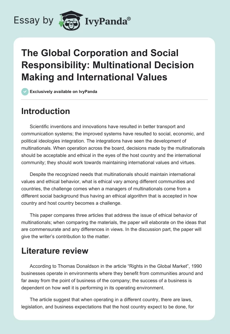 The Global Corporation and Social Responsibility: Multinational Decision Making and International Values. Page 1