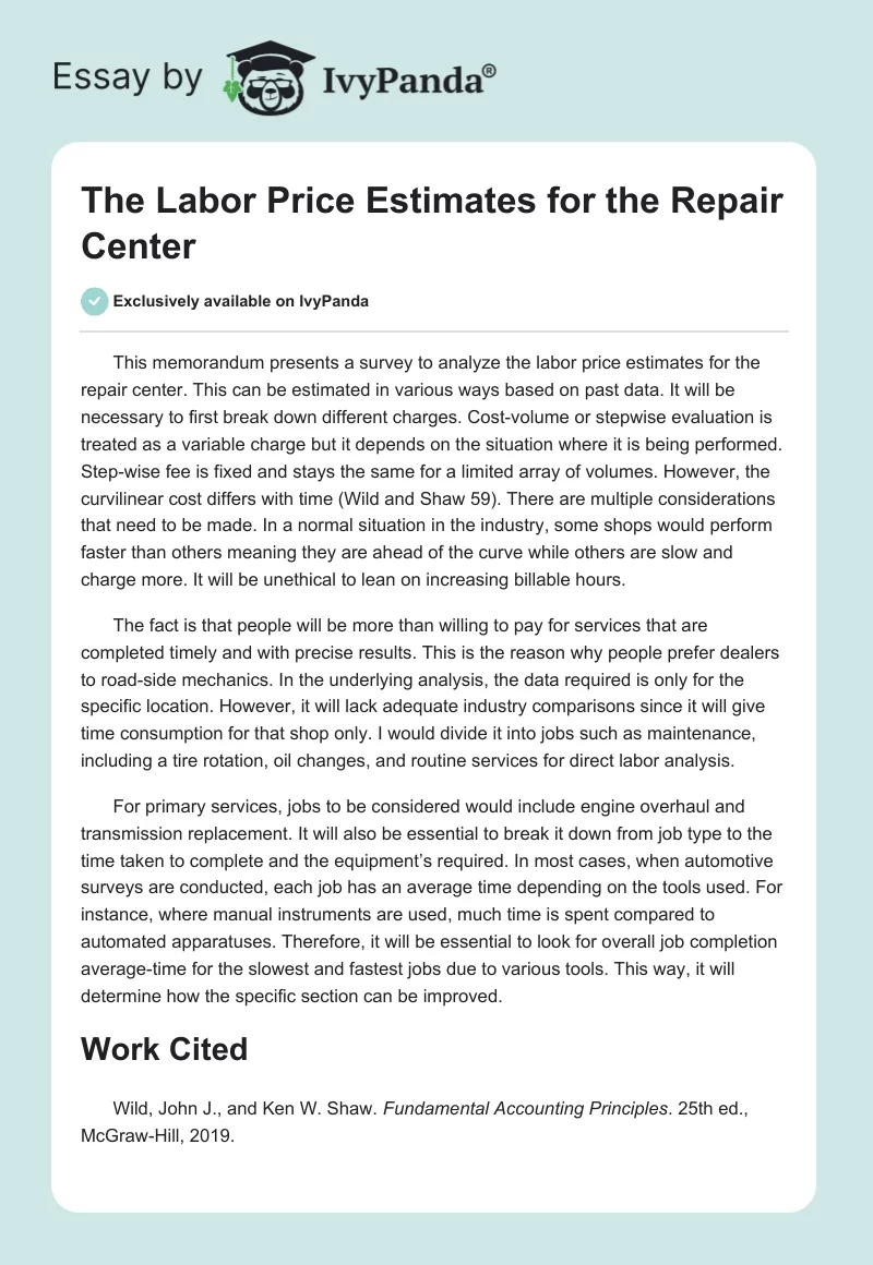 The Labor Price Estimates for the Repair Center. Page 1