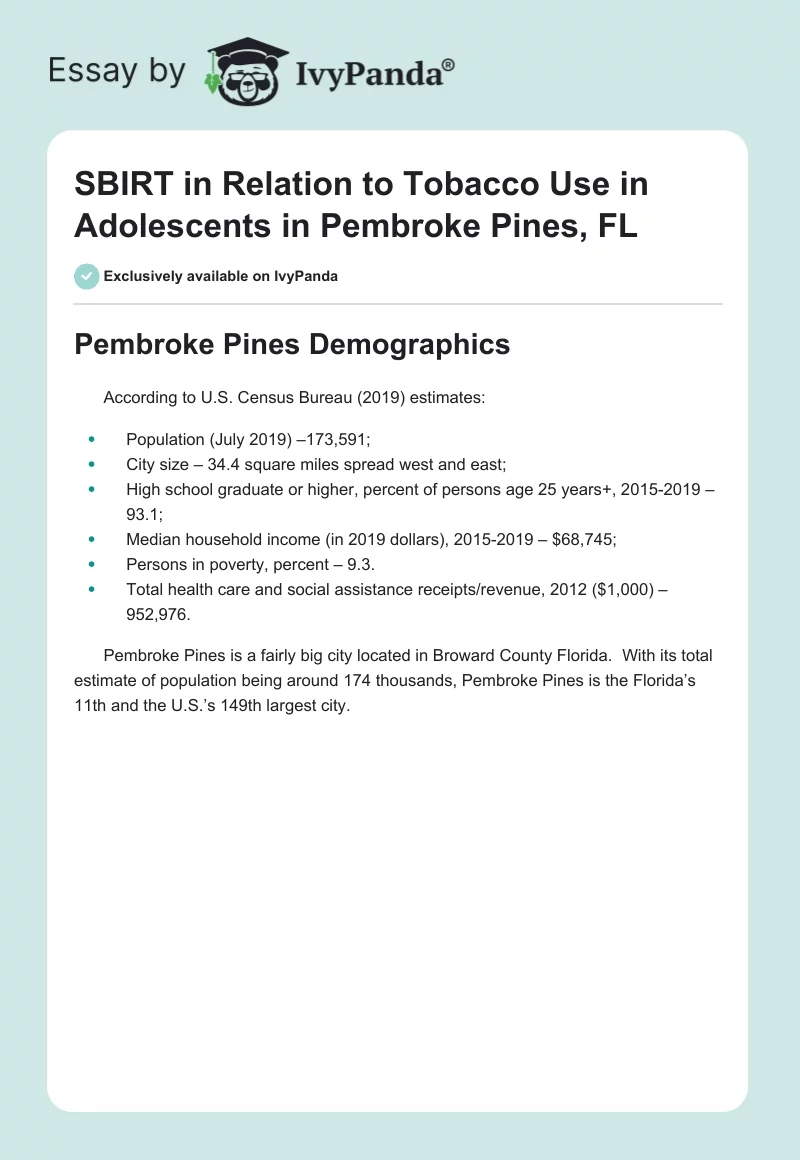 SBIRT in Relation to Tobacco Use in Adolescents in Pembroke Pines, FL. Page 1