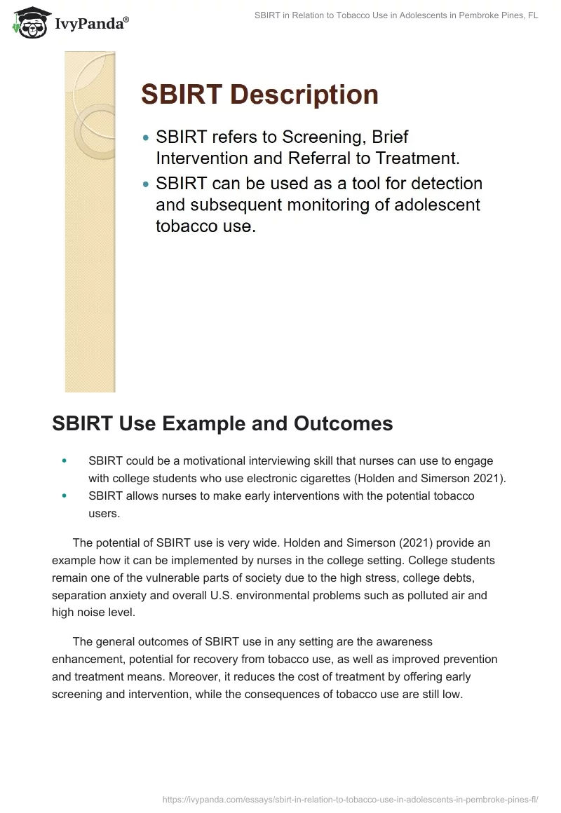 SBIRT in Relation to Tobacco Use in Adolescents in Pembroke Pines, FL. Page 5