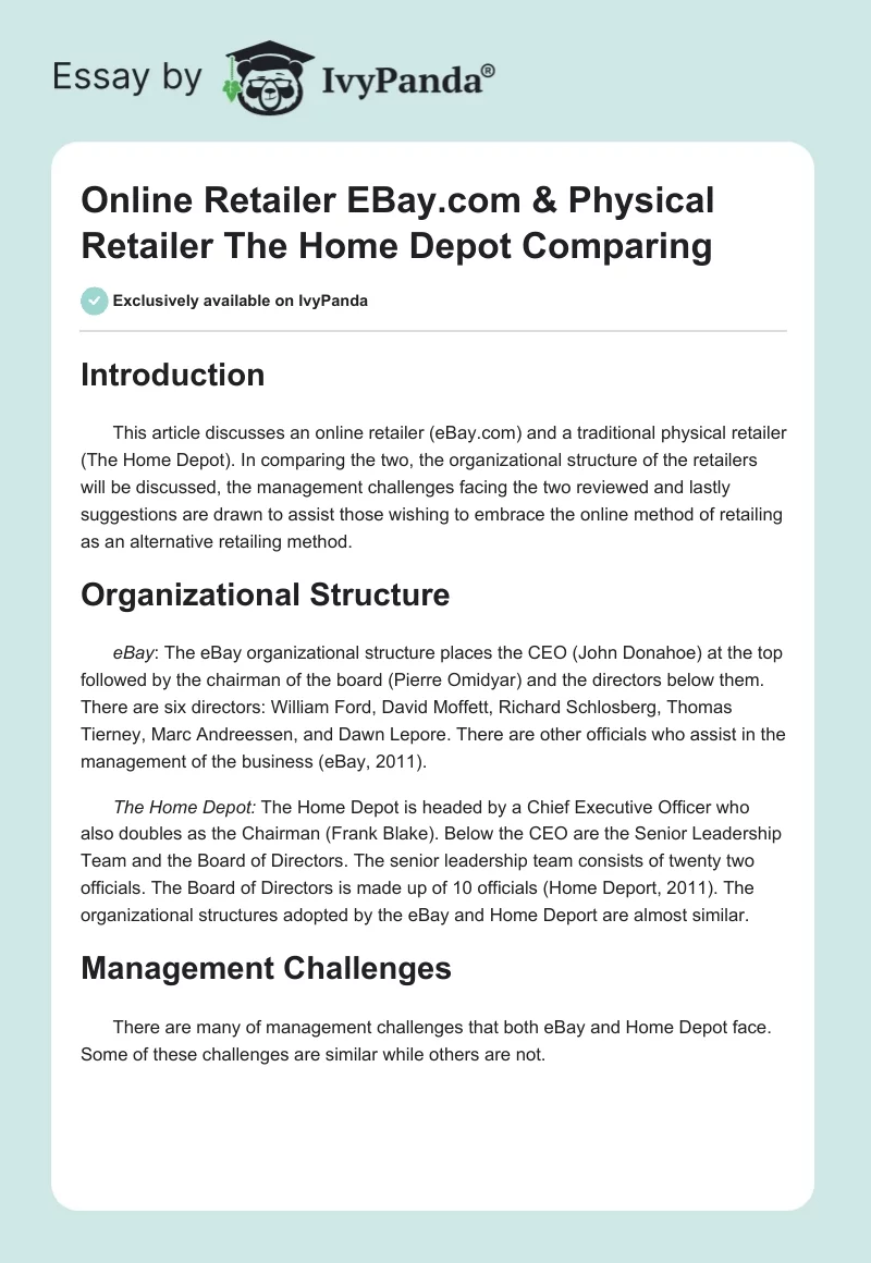 Online Retailer EBay.com & Physical Retailer The Home Depot Comparing. Page 1