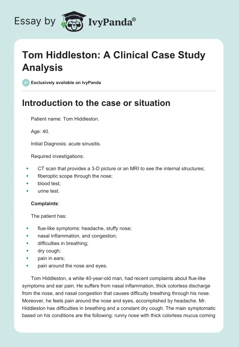 Tom Hiddleston: A Clinical Case Study Analysis. Page 1